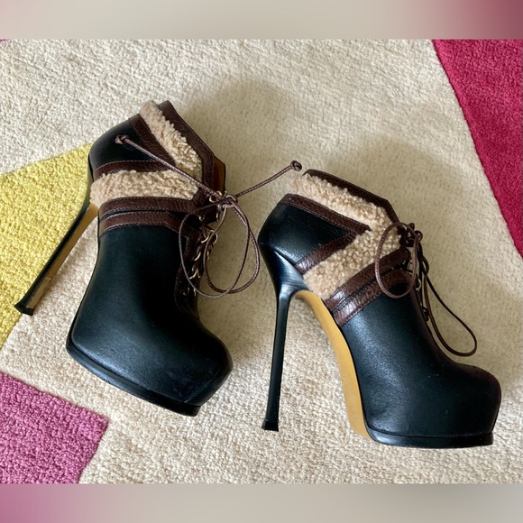 Yves Saint Laurent YSL Black Brown Shearling Trim Tribute Heel Bootie Ankle 36 - Picture 4 of 9